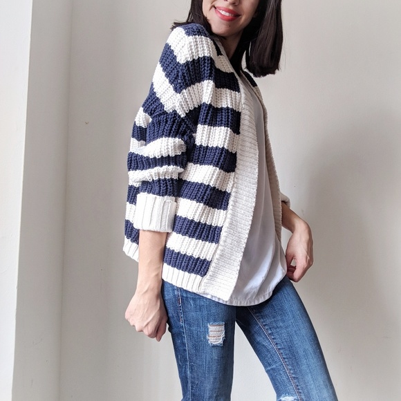 Express Sweaters - Chunky Knit Striped Open front Cardigan